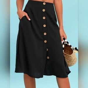 Lulu's Black Midi Skirt Women's Size Medium Button Front Boho Twee Classic Indie